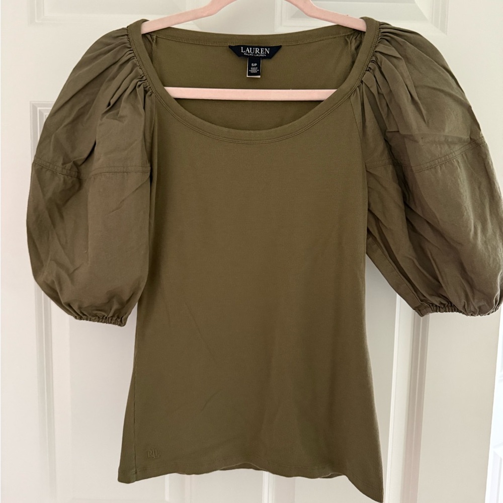 Lauren Ralph Lauren Olive Puff Sleeve Knit Top Size Small - Picture 2 of 4